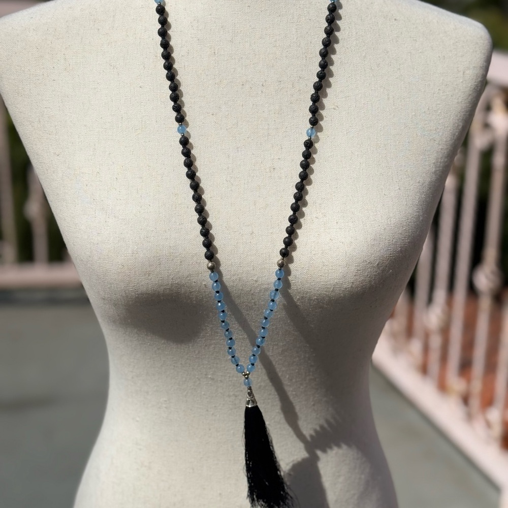 6mm Black Lava Stone And Natural Angelite Mala Necklace